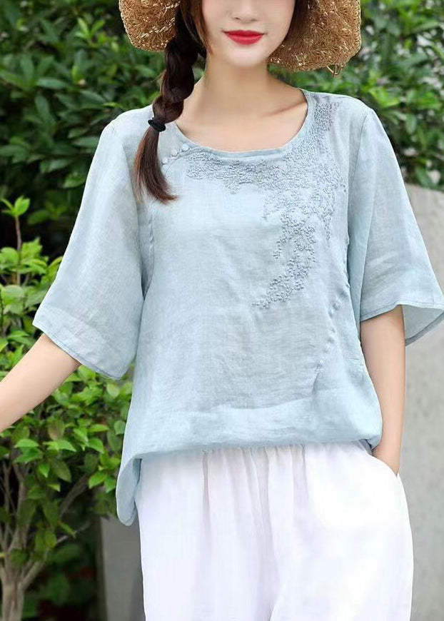 Orange O-neck Embroideried Linen Shirt Top Short Sleeve