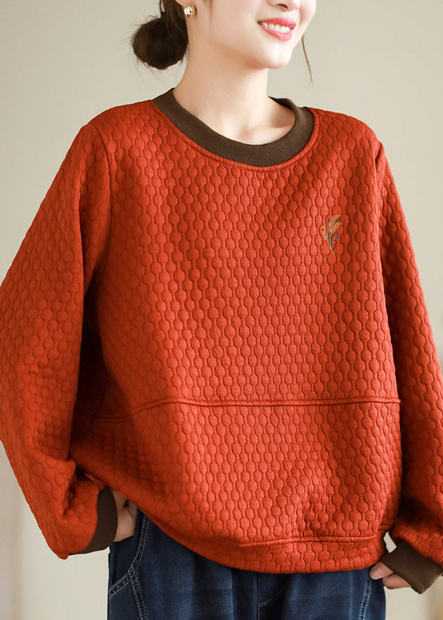 Orange O Neck Embroidered Patchwork Thick Cotton Tops Fall