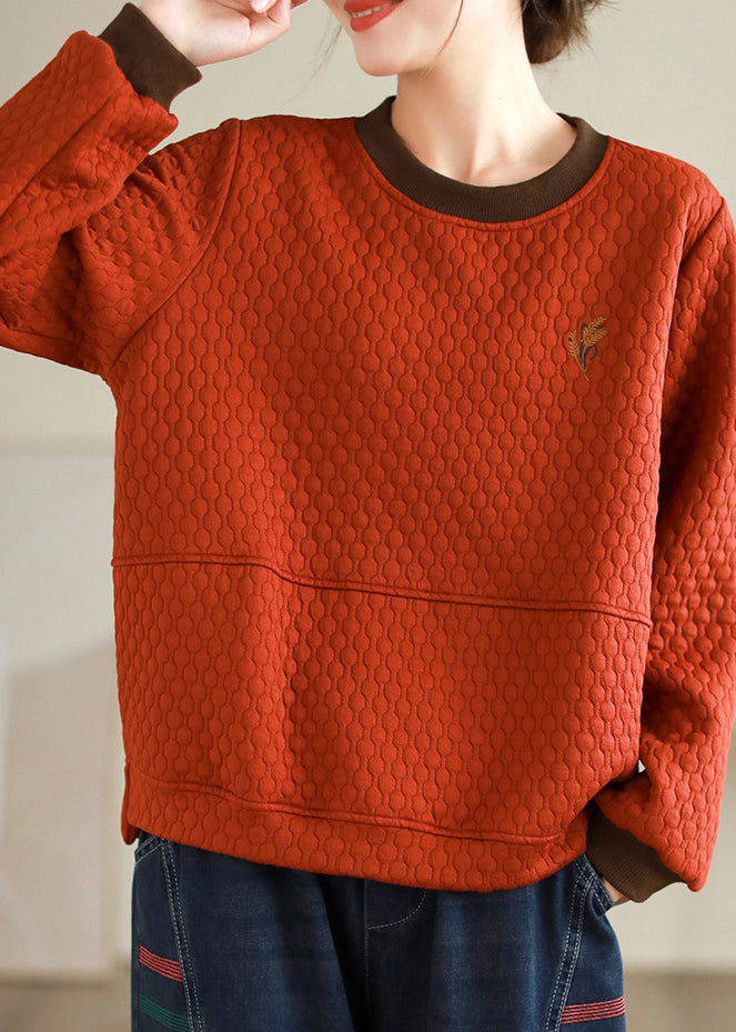 Orange O Neck Embroidered Patchwork Thick Cotton Tops Fall