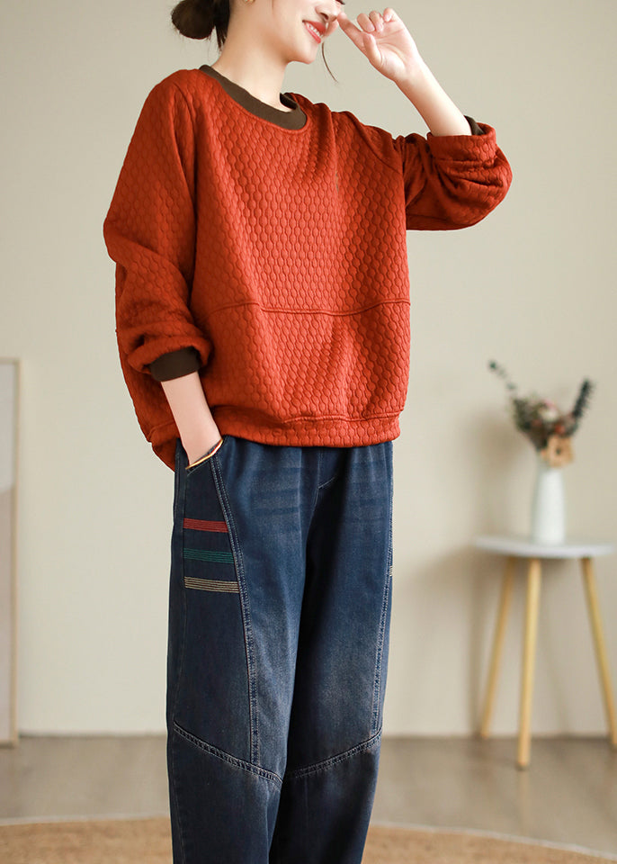 Orange O Neck Embroidered Patchwork Thick Cotton Tops Fall