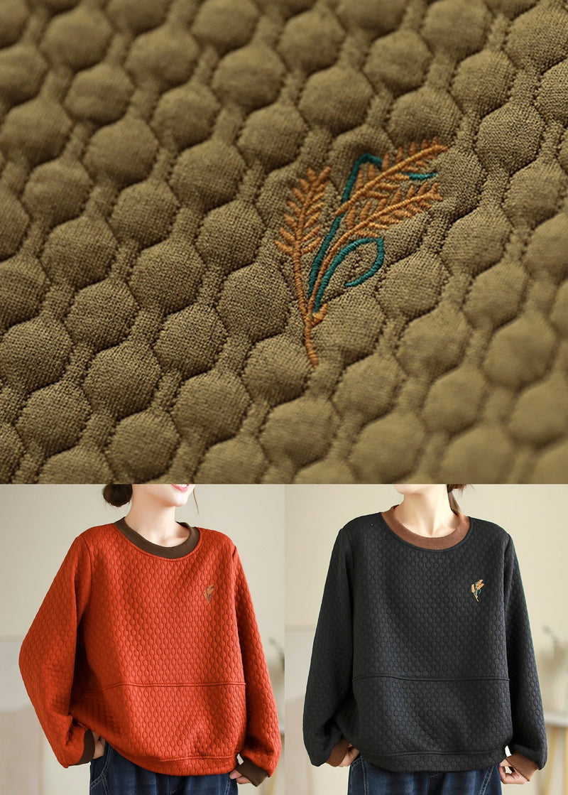 Orange O Neck Embroidered Patchwork Thick Cotton Tops Fall