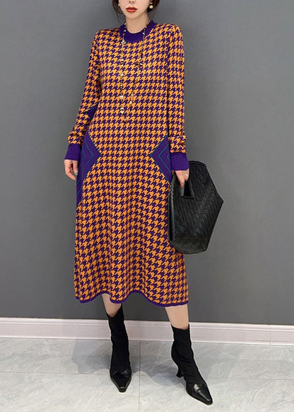 Orange O Neck Patchwork Knit Dress Winter