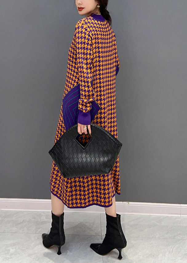Orange O Neck Patchwork Knit Dress Winter