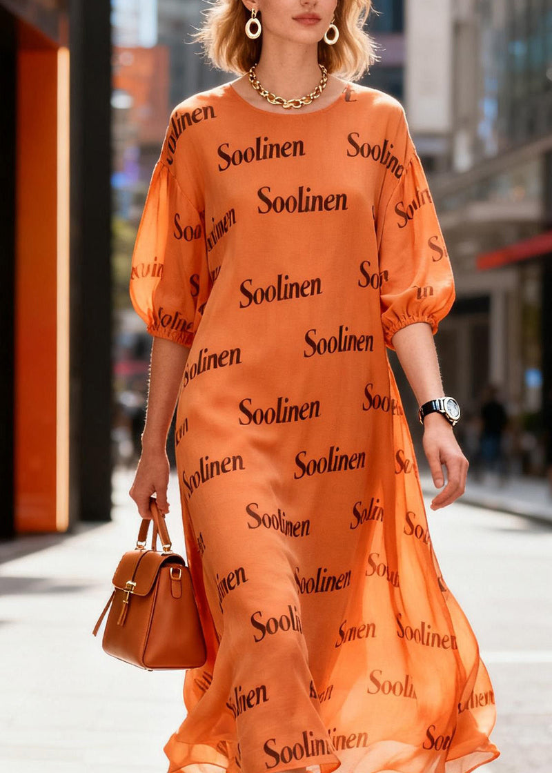 Orange O Neck Print Chiffon Dress Summer