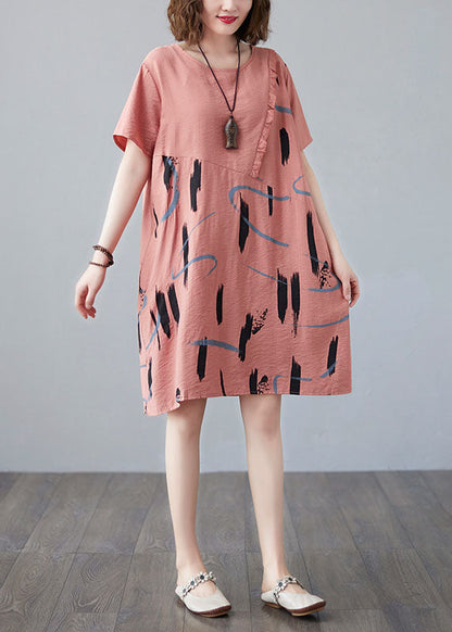 Orange O Neck Print Patchwork Cotton Mid Dress Summer