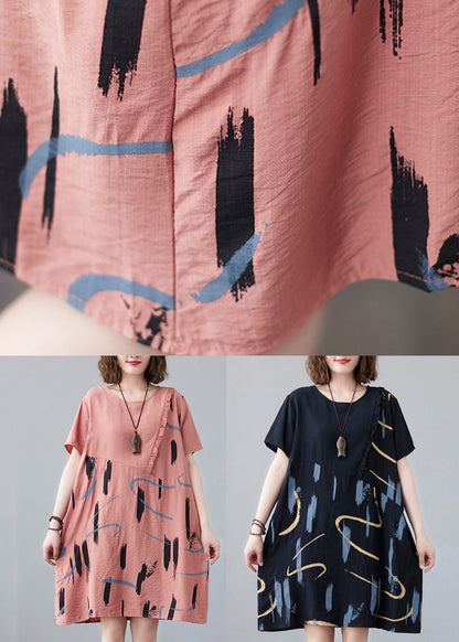 Orange O Neck Print Patchwork Cotton Mid Dress Summer