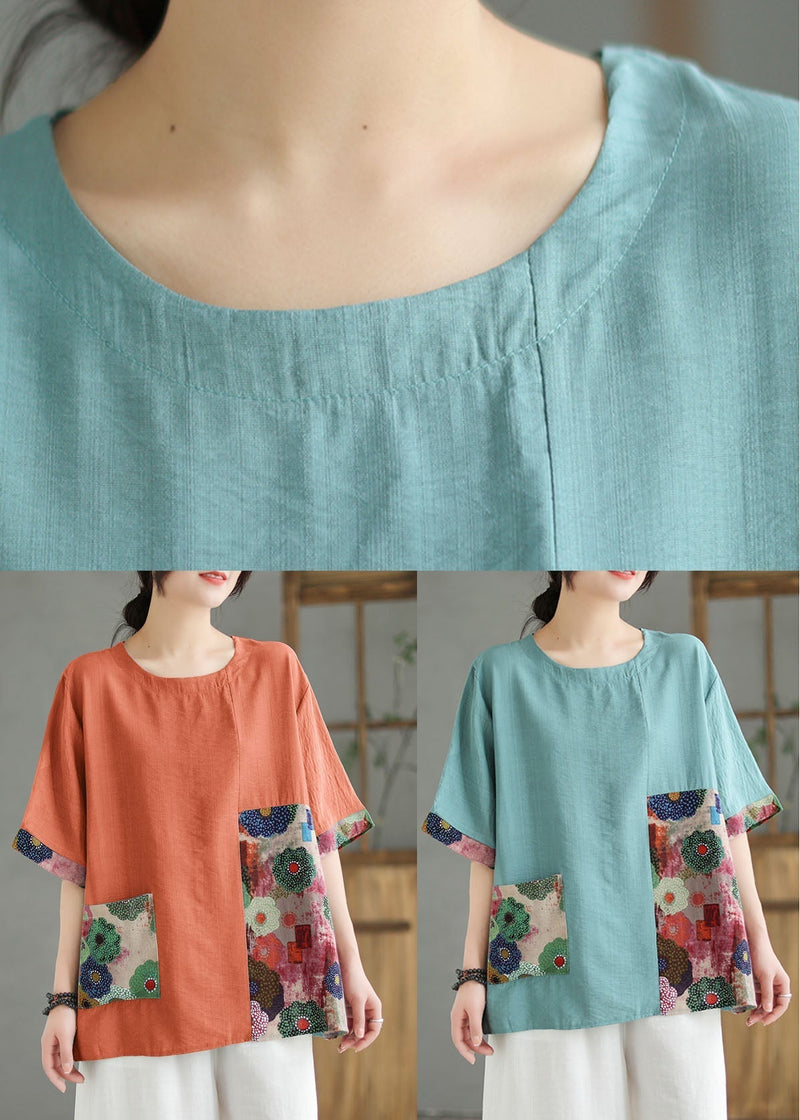 Orange O Neck Print Patchwork Linen T Shirt Top Summer