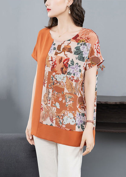 Orange O Neck Print Patchwork Silk T Shirt Tops Summer