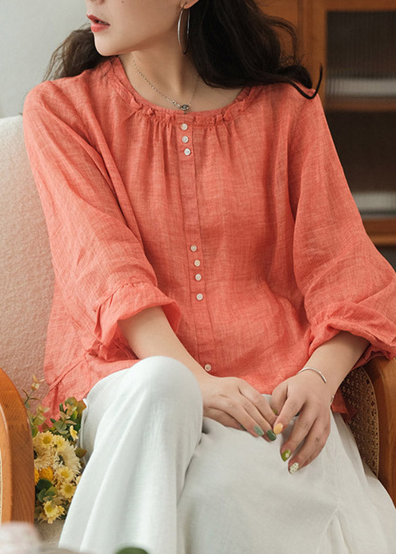 Orange O-neck Ruffled Linen Tops Long Sleeve