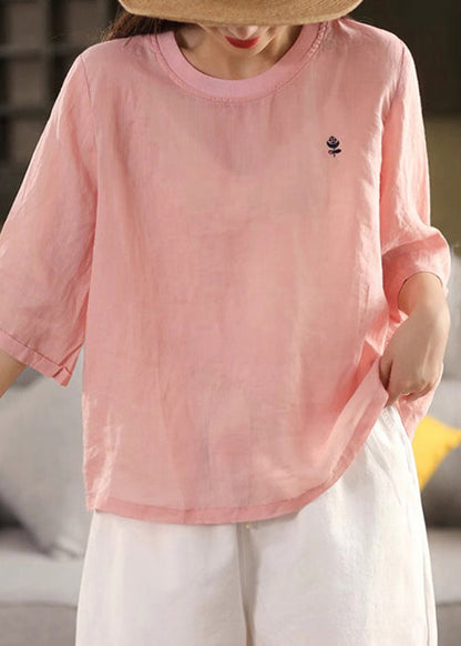 Orange O Neck Linen T Shirts Half Sleeve