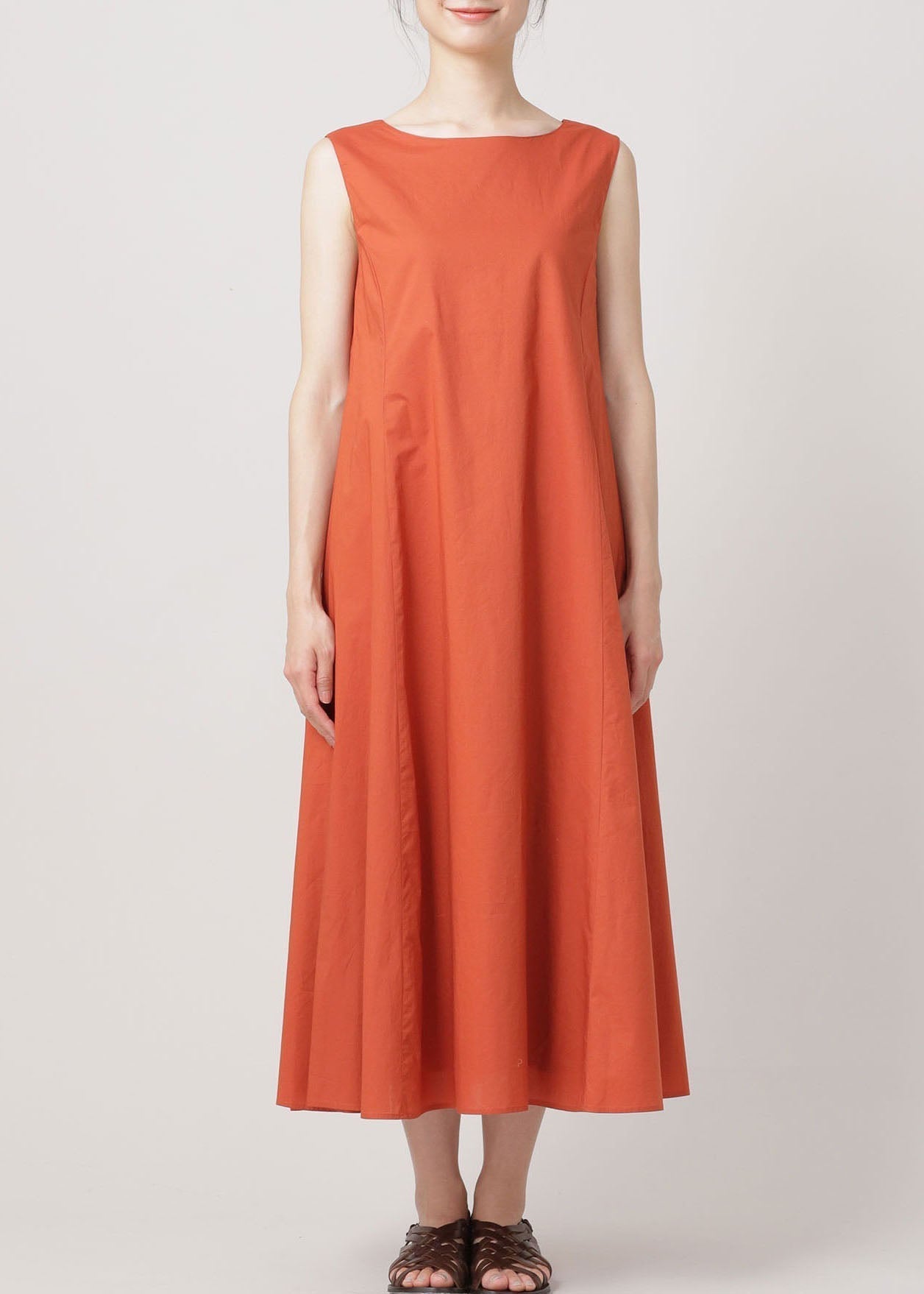 Orange O Neck Wrinkled Exra Large Hem Cotton Dresses Sleeveless
