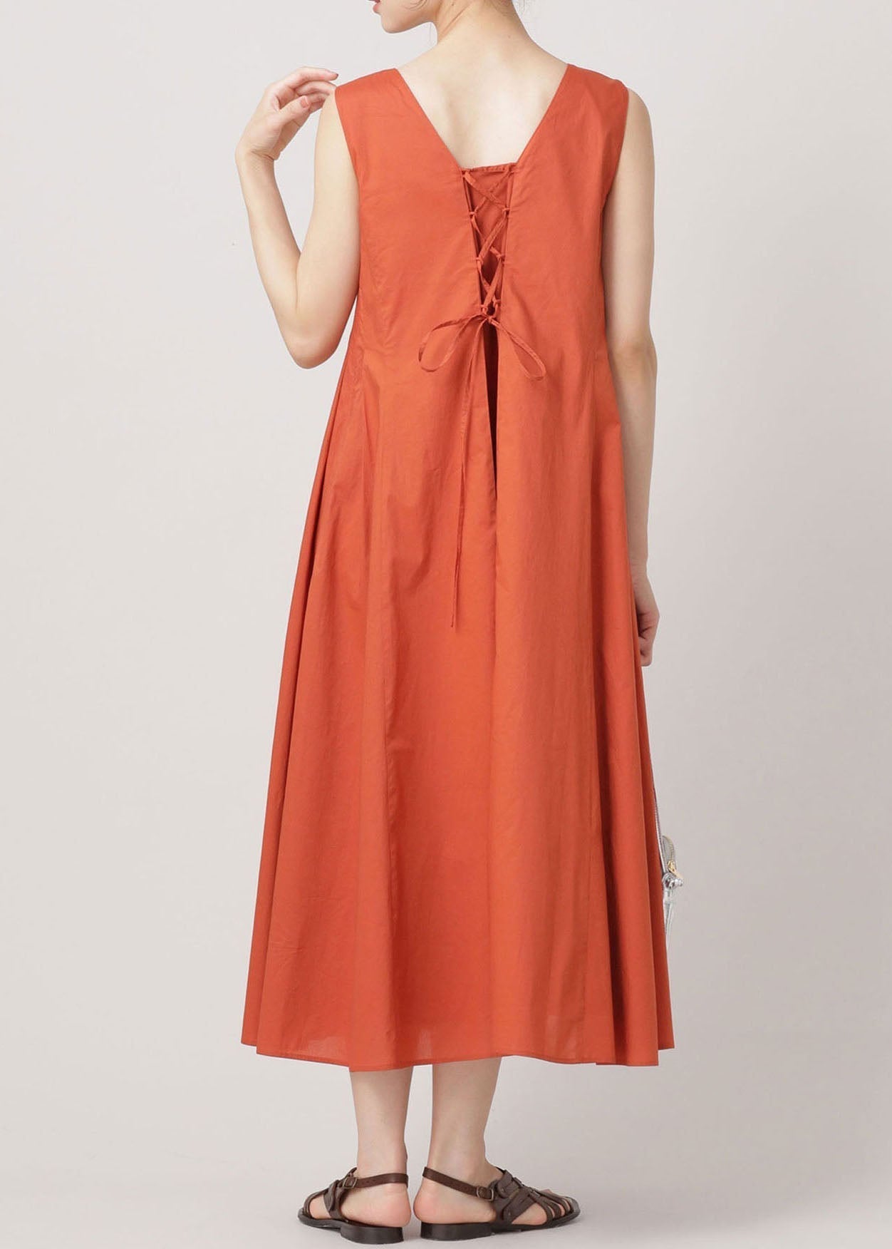 Orange O Neck Wrinkled Exra Large Hem Cotton Dresses Sleeveless