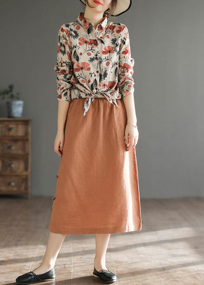 Orange Oriental Elastic Waist Pocket Linen a Line Skirts Summer