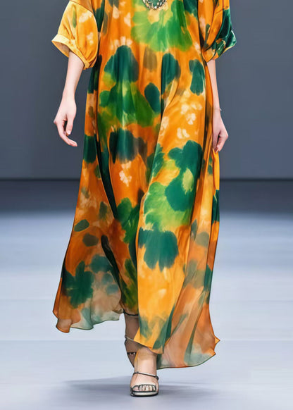 Orange Oversized Leaf Print Chiffon Dress Half Sleeve