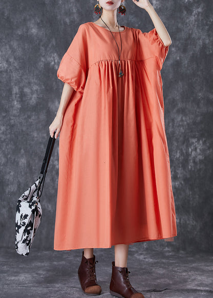 Orange Oversized Patchwork Linen Dress Puff Sleeve