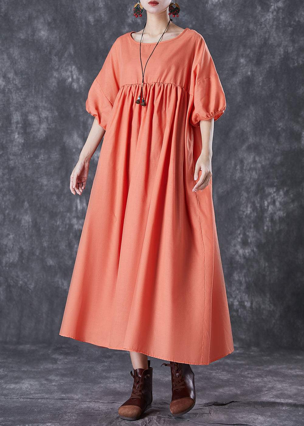 Orange Oversized Patchwork Linen Dress Puff Sleeve
