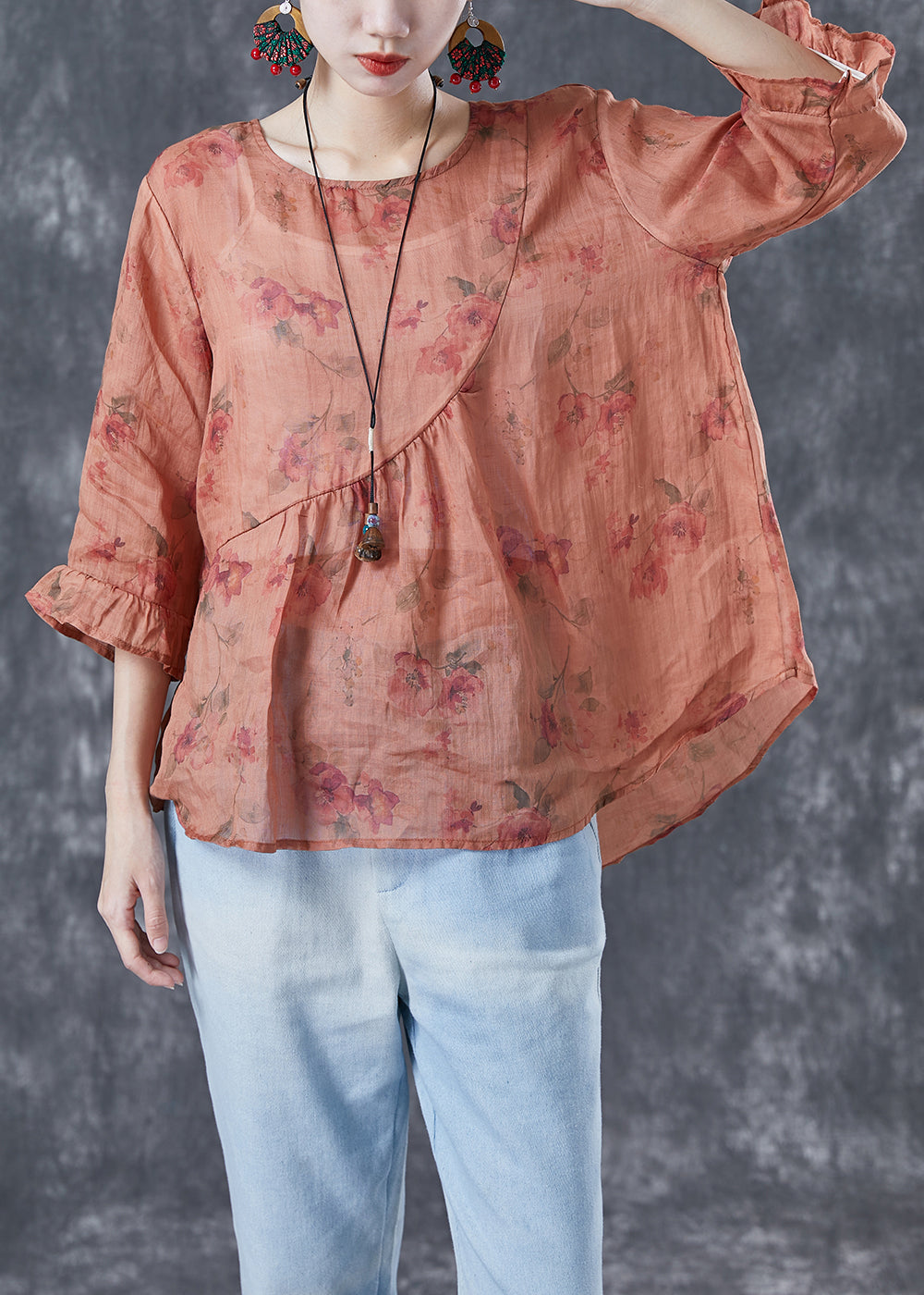 Orange Oversized Print Linen Shirts Bracelet Sleeve