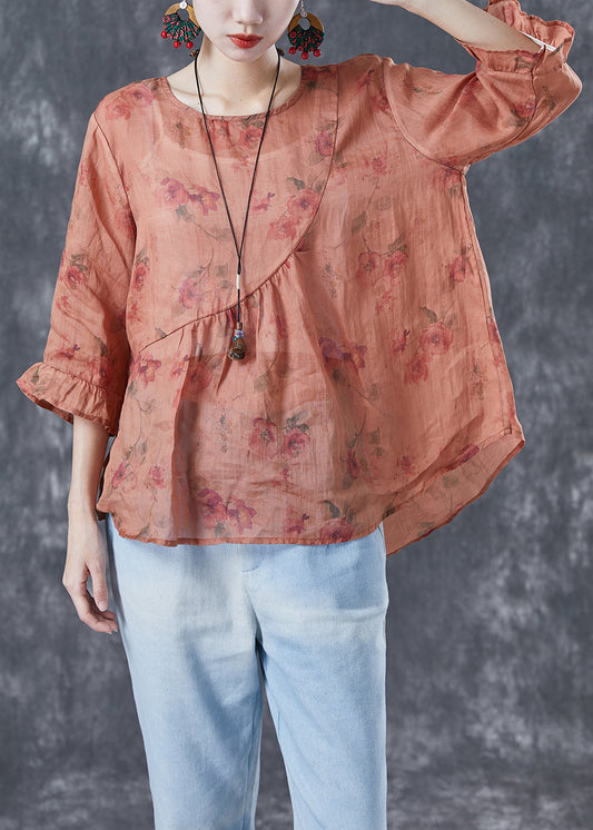 Orange Oversized Print Linen Shirts Bracelet Sleeve