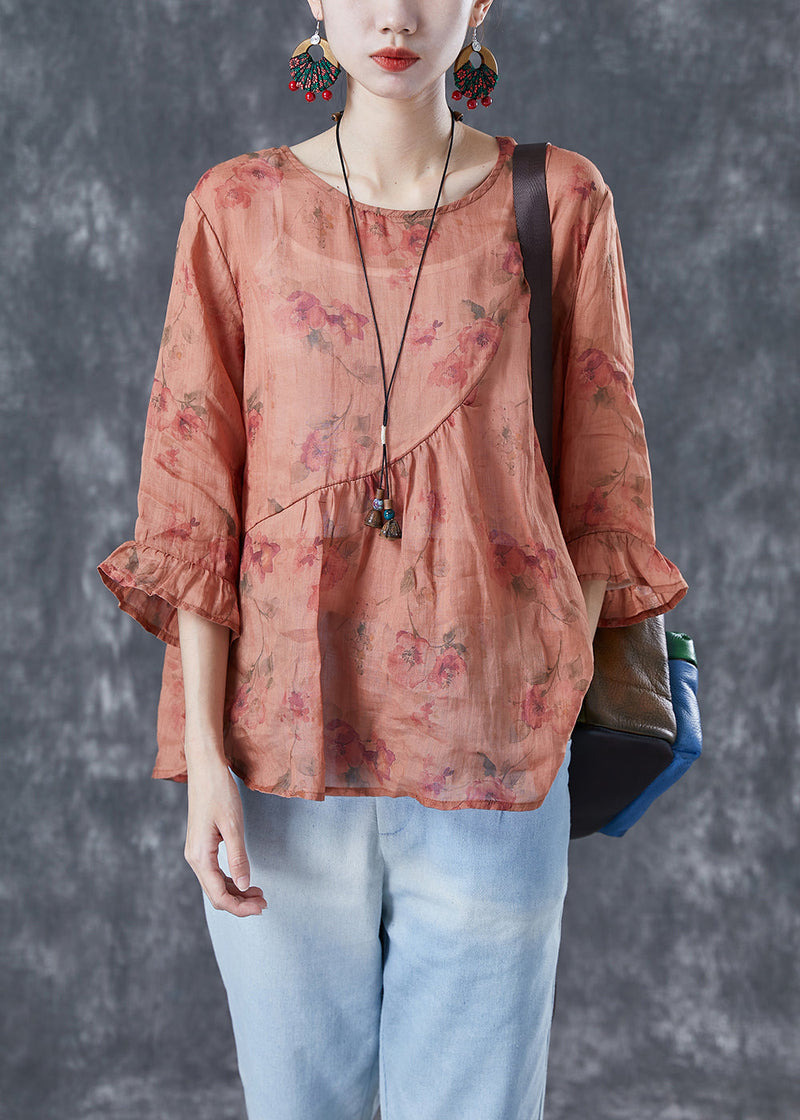 Orange Oversized Print Linen Shirts Bracelet Sleeve