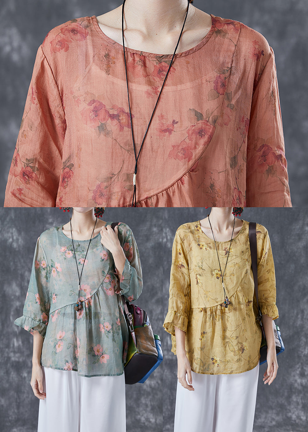 Orange Oversized Print Linen Shirts Bracelet Sleeve