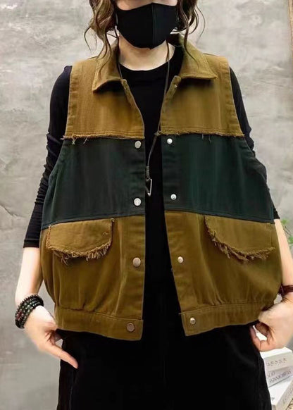 Orange Peter Pan Collar Button Patchwork Cotton Waistcoat Sleeveless