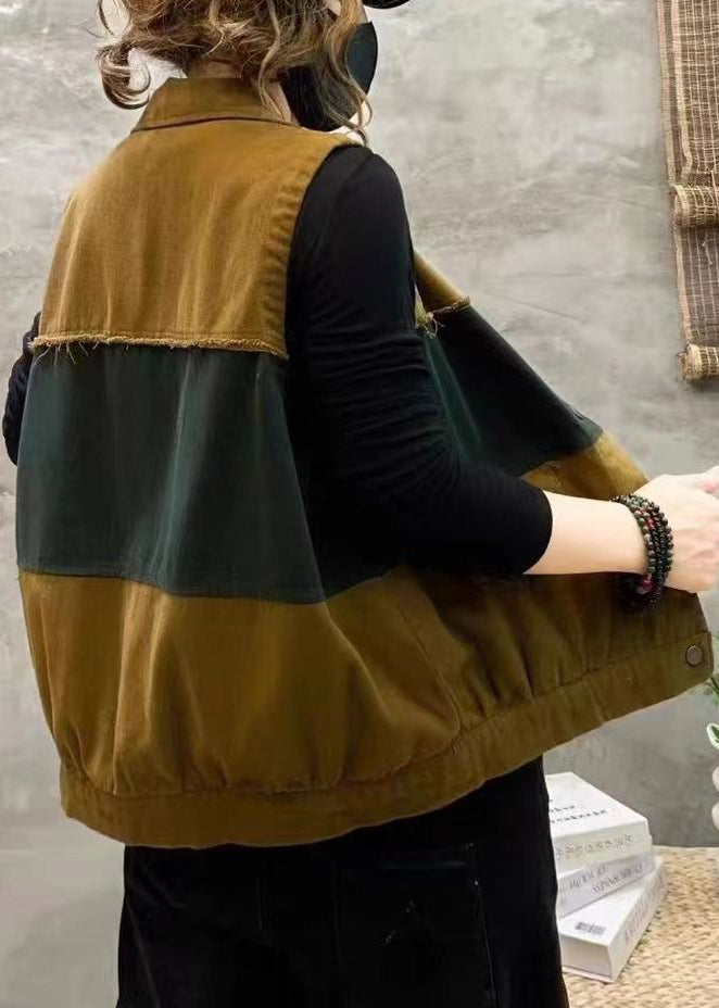 Orange Peter Pan Collar Button Patchwork Cotton Waistcoat Sleeveless