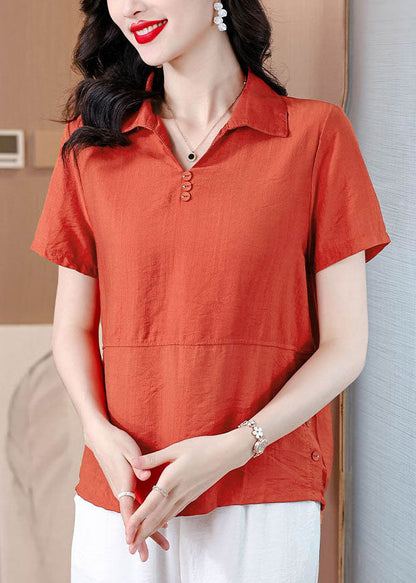 Orange Peter Pan Collar Cotton Blouses Summer