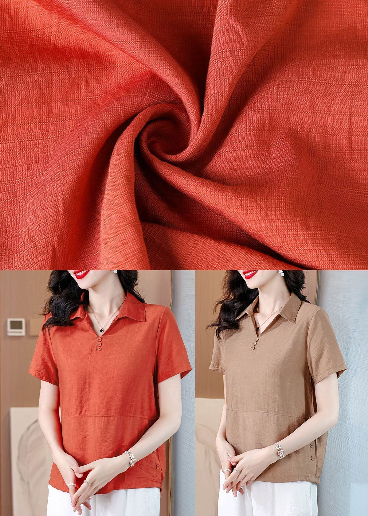 Orange Peter Pan Collar Cotton Blouses Summer