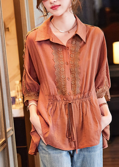 Orange Peter Pan Collar Lace Patchwork Drawstring Tie Waist Button Shirt Batwing Sleeve