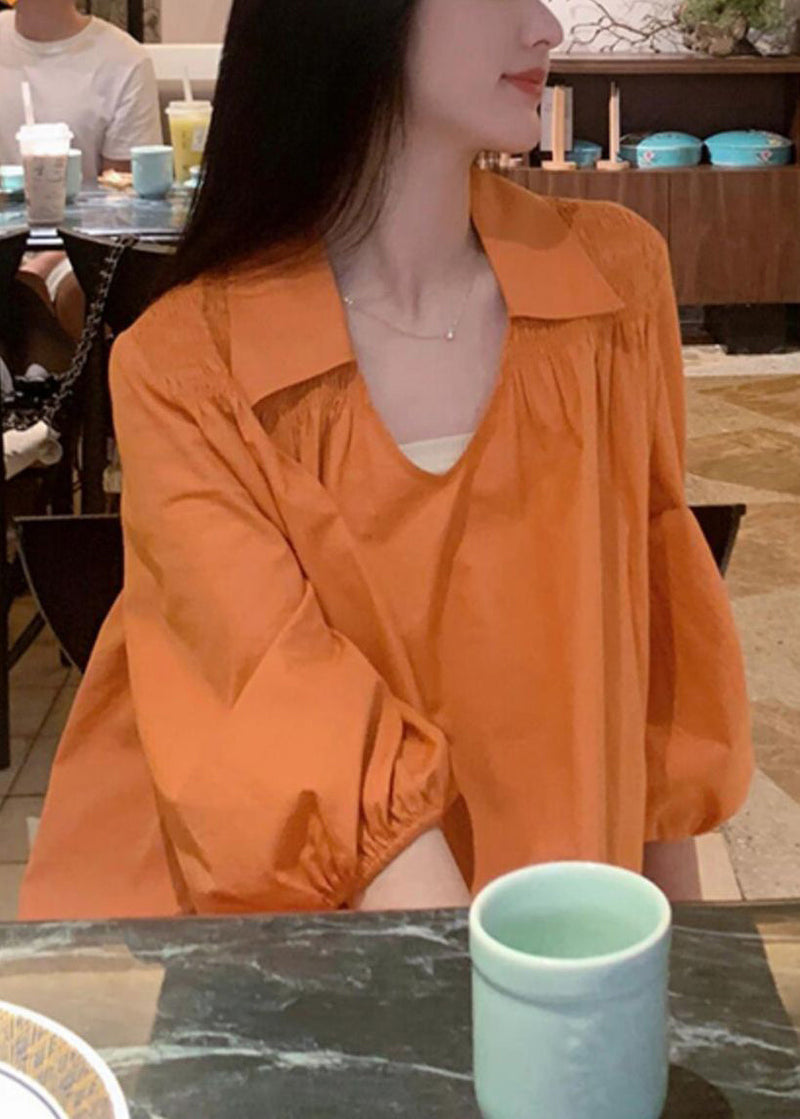 Orange Peter Pan Collar Wrinkled Cotton Shirts Dresses Lantern Sleeve