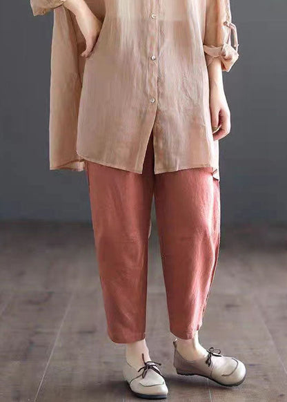 Orange Pockets Elastic Waist Patchwork Linen Crop Pants Summer