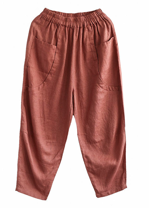 Orange Pockets Elastic Waist Patchwork Linen Crop Pants Summer