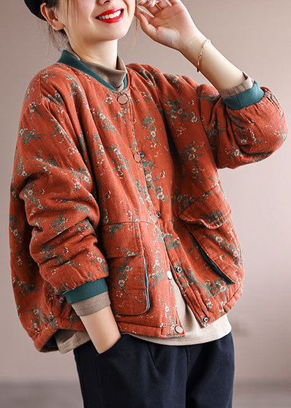 Orange Pockets Print Fine Cotton Filled Coats Spring