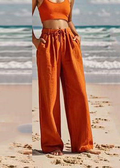 Orange Pockets Tie Waist Wide Leg Pants Summer