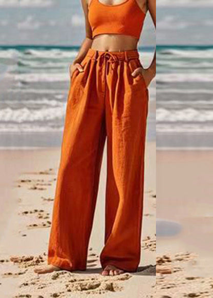 Orange Pockets Tie Waist Wide Leg Pants Summer