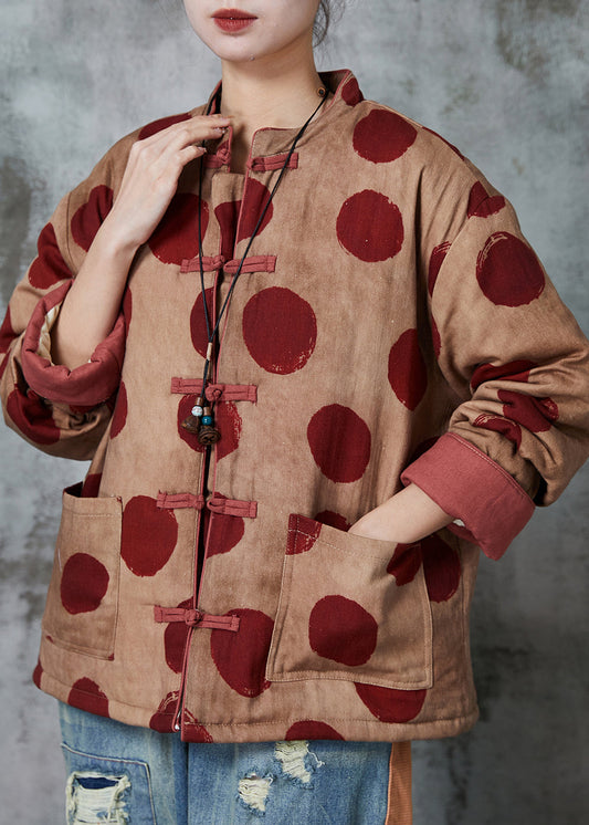 Orange Print Chinese Button Fine Cotton Filled Coat Winter