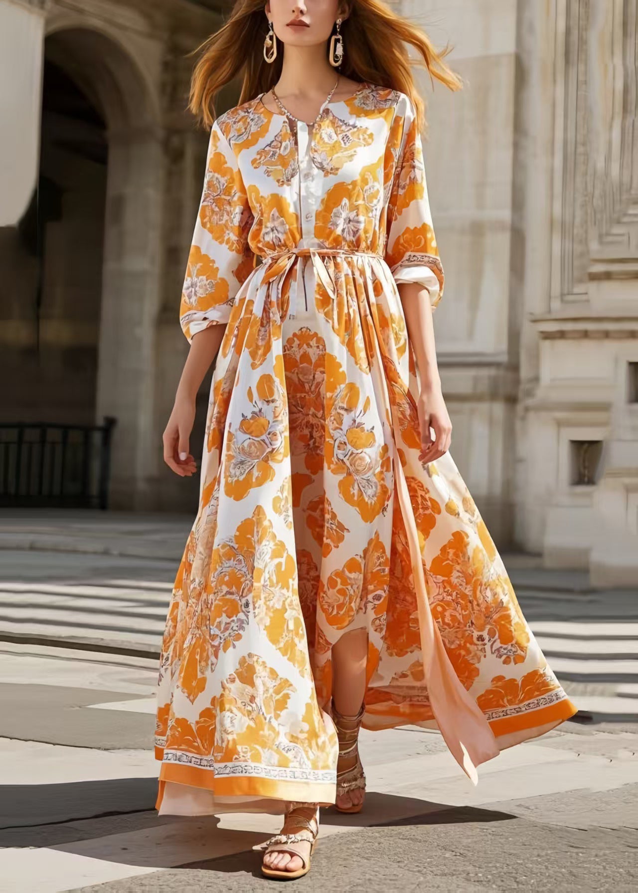 Orange Print Exra Large Hem Silk Tunic Dress Spring