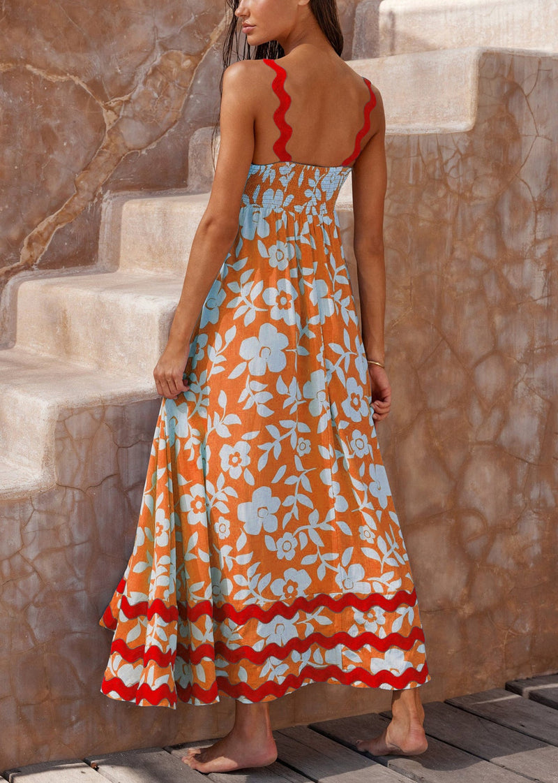 Orange Print High Waist Cotton Spaghetti Strap Dress Sleeveless