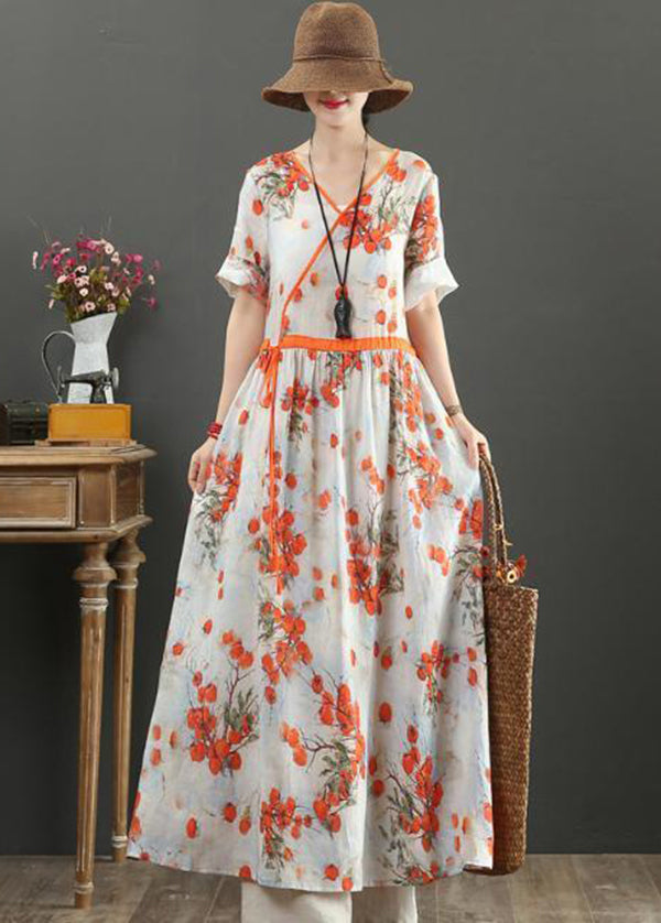 Orange Print Tie Waist Exra Large Hem Cotton Dresses Summer