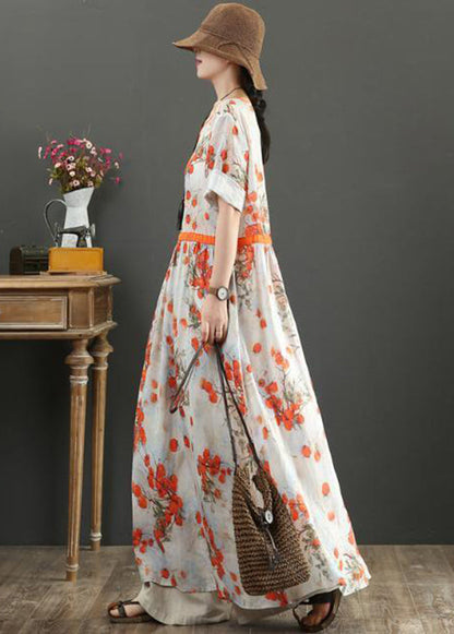 Orange Print Tie Waist Exra Large Hem Cotton Dresses Summer