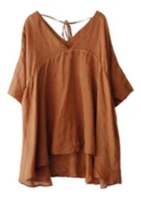 Ramie Lace-up Pure Color Irregular T-shirt