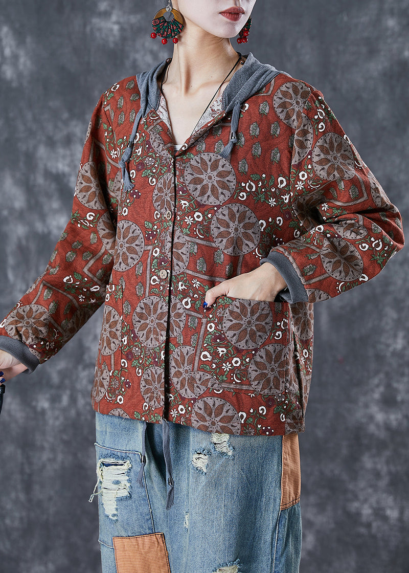 Orange Red Hooded Print Cotton Jacket Fall