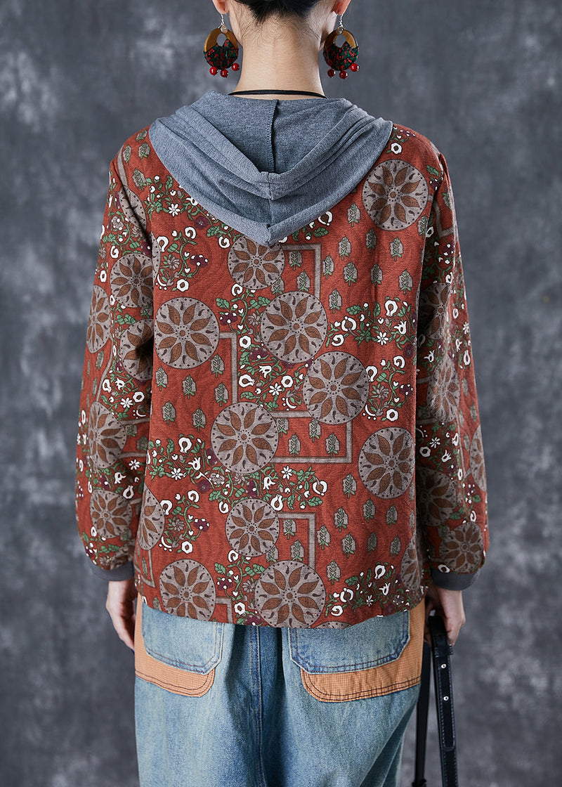 Orange Red Hooded Print Cotton Jacket Fall