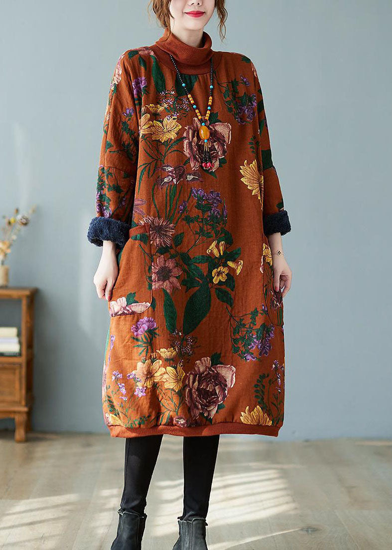 Orange Red Turtle Neck Print Warm Fleece Sweatshirts Dress Winter