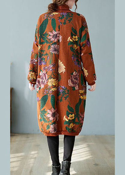 Orange Red Turtle Neck Print Warm Fleece Sweatshirts Dress Winter