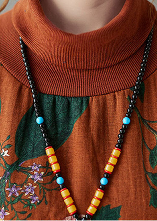 Orange Red Turtle Neck Print Warm Fleece Sweatshirts Dress Winter
