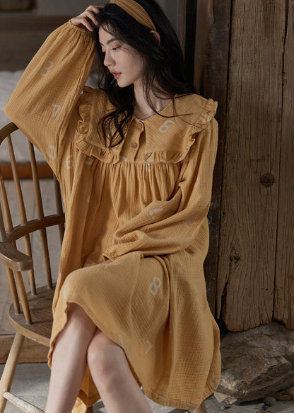 Orange Ruffled Print Cozy Cotton Maxi Dress Long Sleeve
