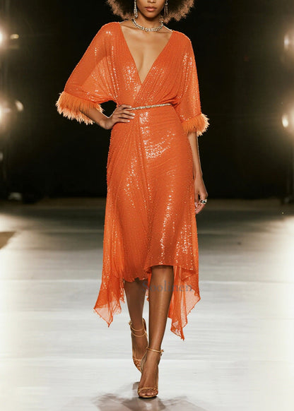 Orange Sequins Patchwork Faux Fur Vacation Dresses Summer