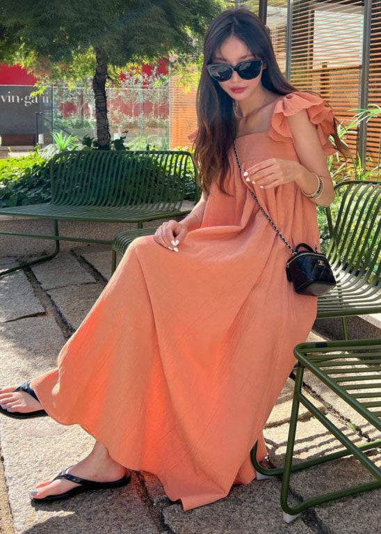 Orange Square Collar Oversized Cotton a Line Dresses Butterfly Sleeve