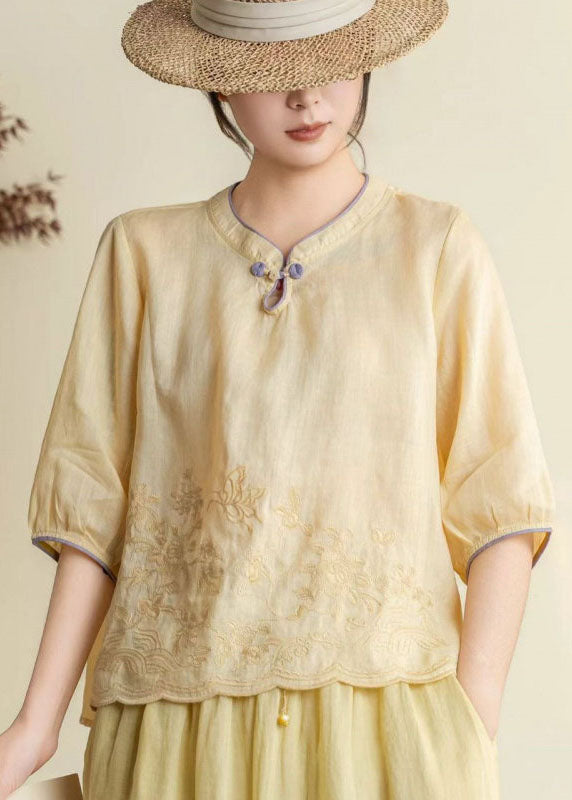 Orange Stand Collar Embroidered Linen Shirt Summer